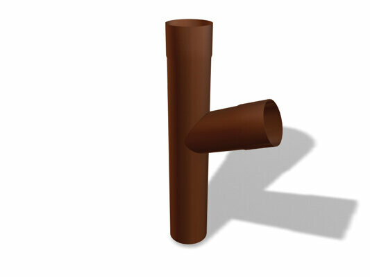 PREFA zvodová odbočka, dostupná v rozmeroch Ø 80, 100 a 120 mm, umožňuje praktický prechod z vertikálne vedeného potrubia na horizontálne potrubie v strešných odvodňovacích systémoch.