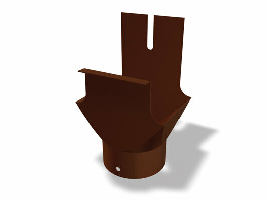 Na obrázku je hnedý kotlík hranatého žľabu PREFA z vysoko kvalitného hliníka. Žľabový kotlík slúži ako prechodný diel medzi hranatým žľabom a zvodom a zabezpečuje efektívne odvádzanie dažďovej vody. Je k dispozícii v rôznych veľkostiach: 250 × Ø 80, 333 × Ø 100, 400 × Ø 120, ako aj 500 × Ø 120 a 500 × Ø 150.