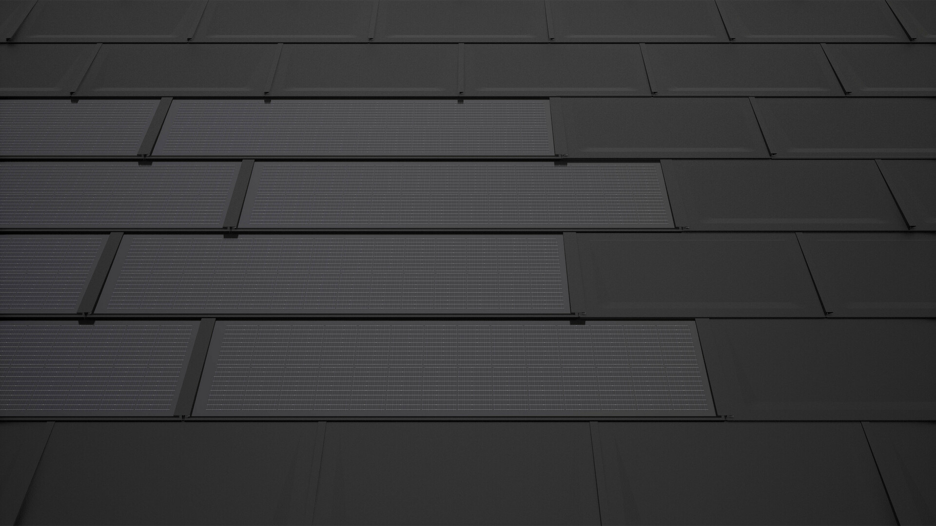 Na obrázku sú PREFA integrované solárne panely v čiernej farbe, namontované na streche v kombinácii so strešným panelom R.16. Solárne moduly sú usporiadané v rovnomerných radoch.