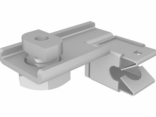 PREFA montážna svorka na štvorcový zvod s integrovanou nerezovou sponou ako držiakom vedenia, vrátane montážnej svorky na upevnenie. Táto svorka slúži na bezpečné upevnenie vedení s priemerom Ø 8–12 mm a zabezpečuje spoľahlivú montáž.
