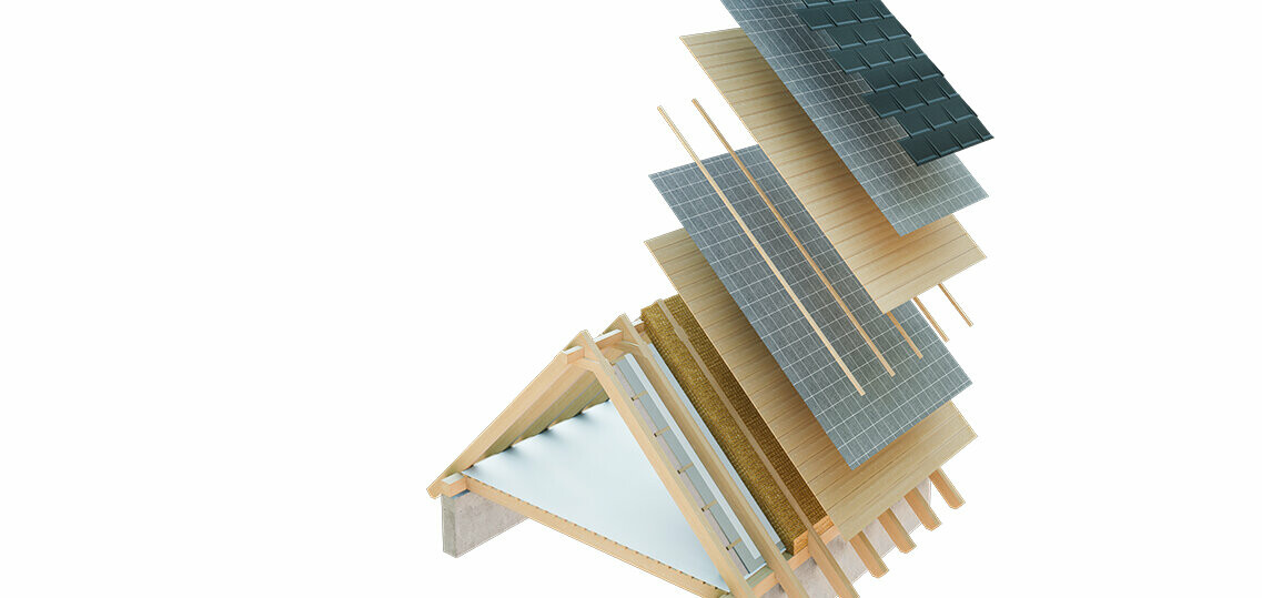 Technické znázornenie skladby studenej strechy, viacplášťová strecha s latovaním, celoplošné debnenie, separačná vrstva, krov; podkrovie je možné využívať ako obytný priestor; dvojplášťová strecha, odvetrávaná strešná konštrukcia; kontralatovanie