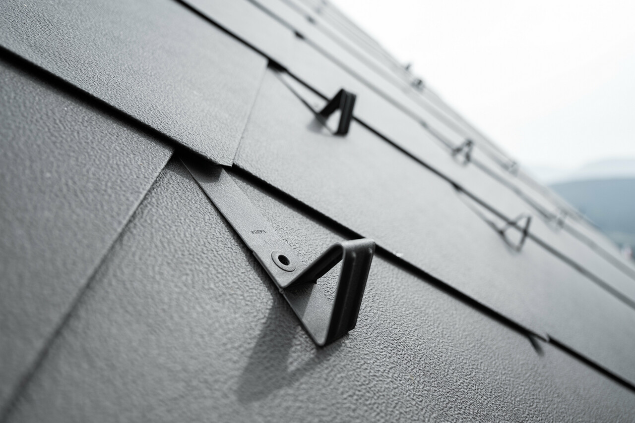 Detailný záber na hliníkovú strechu zo strešných šablón 44x44 vo farbe P.10 hnedá, vybavenú funkčným protisnehovým systémom. Na obrázku je vidieť štruktúrovaný povrch šablón a presné upevnenie držiakov protisnehovej ochrany, ktoré sú bez problémov integrované do konštrukcie strechy a poskytujú dodatočnú bezpečnosť počas zimných mesiacov. Robustné snehové zábrany sú usporiadané rovnomerne, čím vytvárajú harmonický celkový vzhľad.