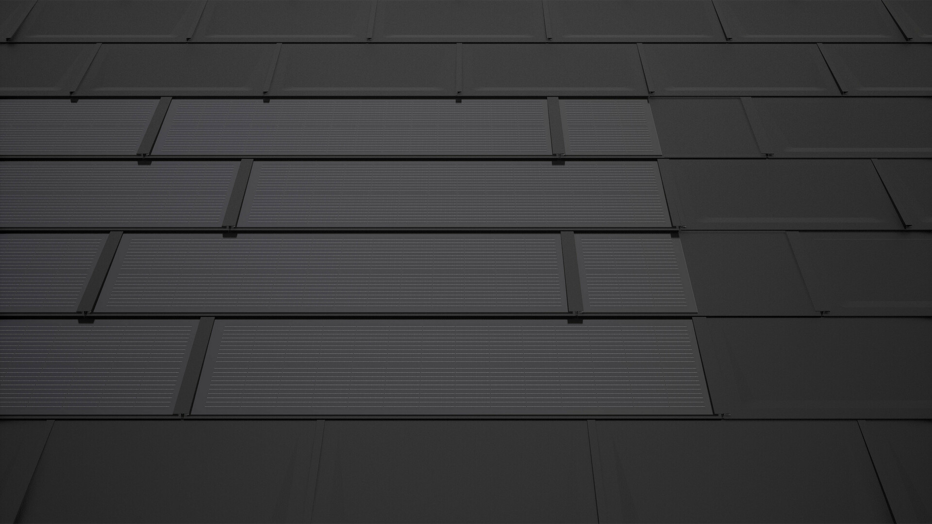 PREFA integrovaný solárny panel v čiernej farbe s doplnkovými doskami. Tieto dosky zabezpečujú obdĺžnikovú plochu modulu a prispievajú k harmonickému celkovému vzhľadu solárnej strechy.