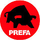 PREFA Logo, roter Kreis mit schwarzem Stier, auf weißem Hintergrund mit Schatten darunter;