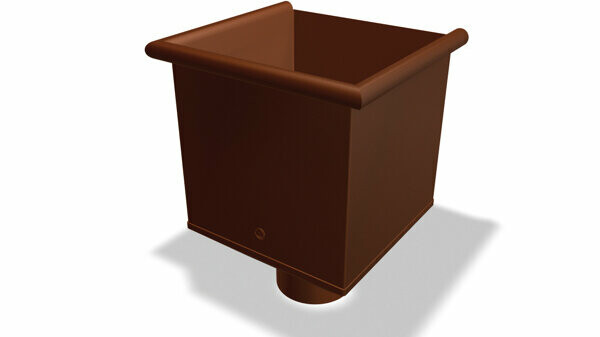 Zberný kotlík PREFA, dostupný v rozmeroch Ø 80, 100, 120 a 150 mm, slúži na zachytávanie a odvod dažďovej vody v odkvapových systémoch.