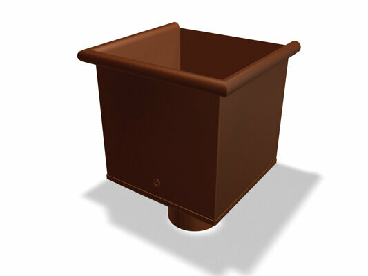 Zberný kotlík PREFA, dostupný v rozmeroch Ø 80, 100, 120 a 150 mm, slúži na zachytávanie a odvod dažďovej vody v odkvapových systémoch.