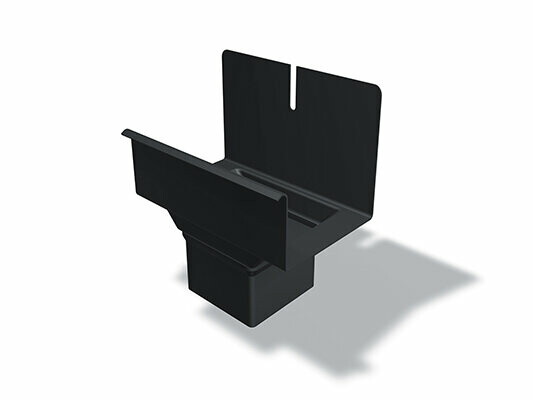 PREFA hranatý žľabový kotlík, dostupný v rozmeroch 80/250, 80/333, 100/333 a 100/400 mm, slúži na efektívne zachytávanie a odvod dažďovej vody v strešných odvodňovacích systémoch.